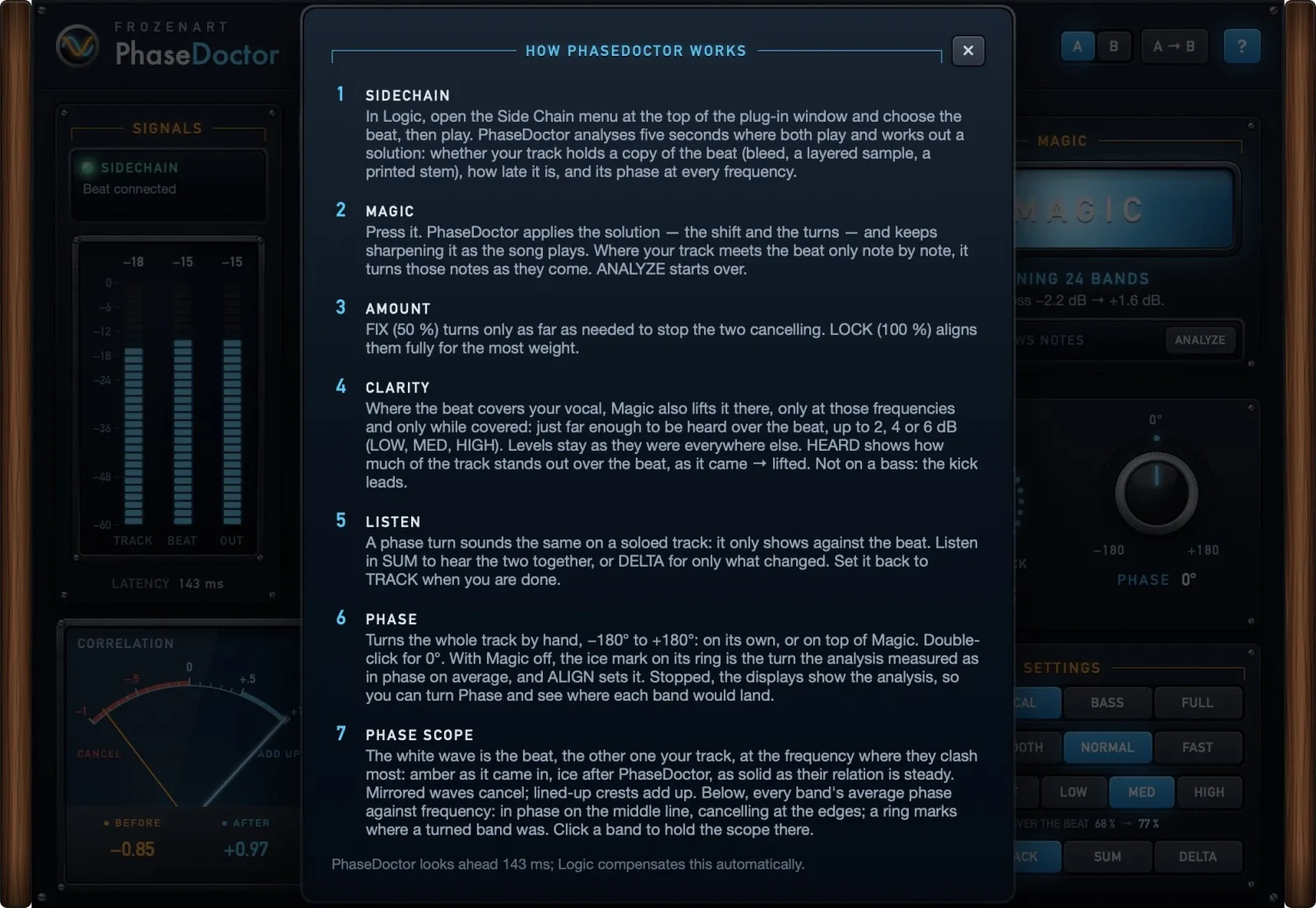 PhaseDoctor’s guide on the panel, opened with the ? key