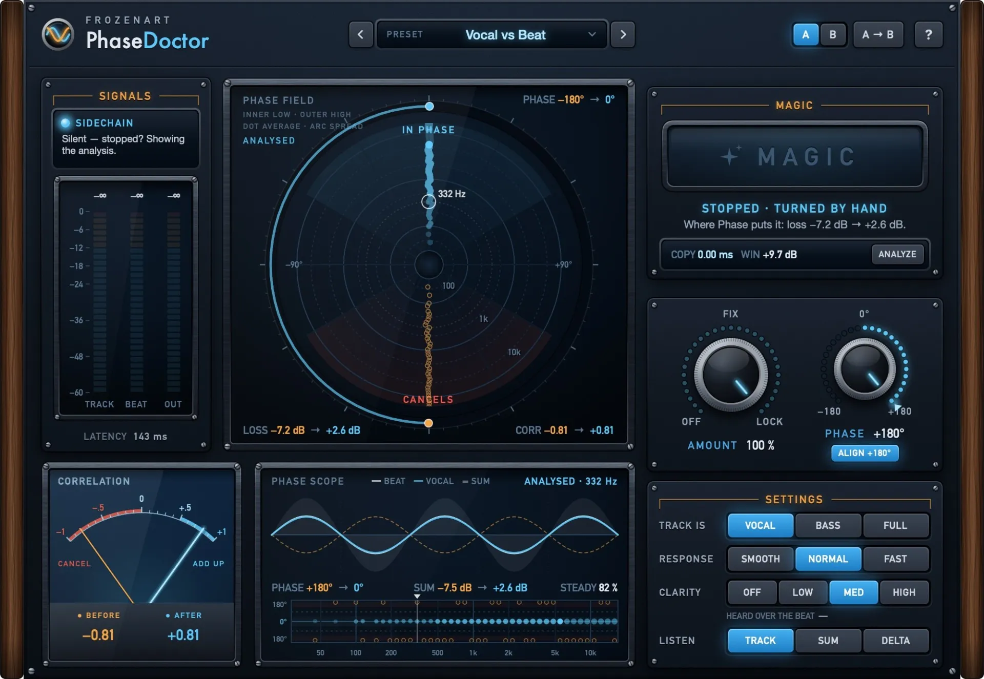 PhaseDoctor stopped after an analysis, PHASE set to +180° with ALIGN: every band lands in phase