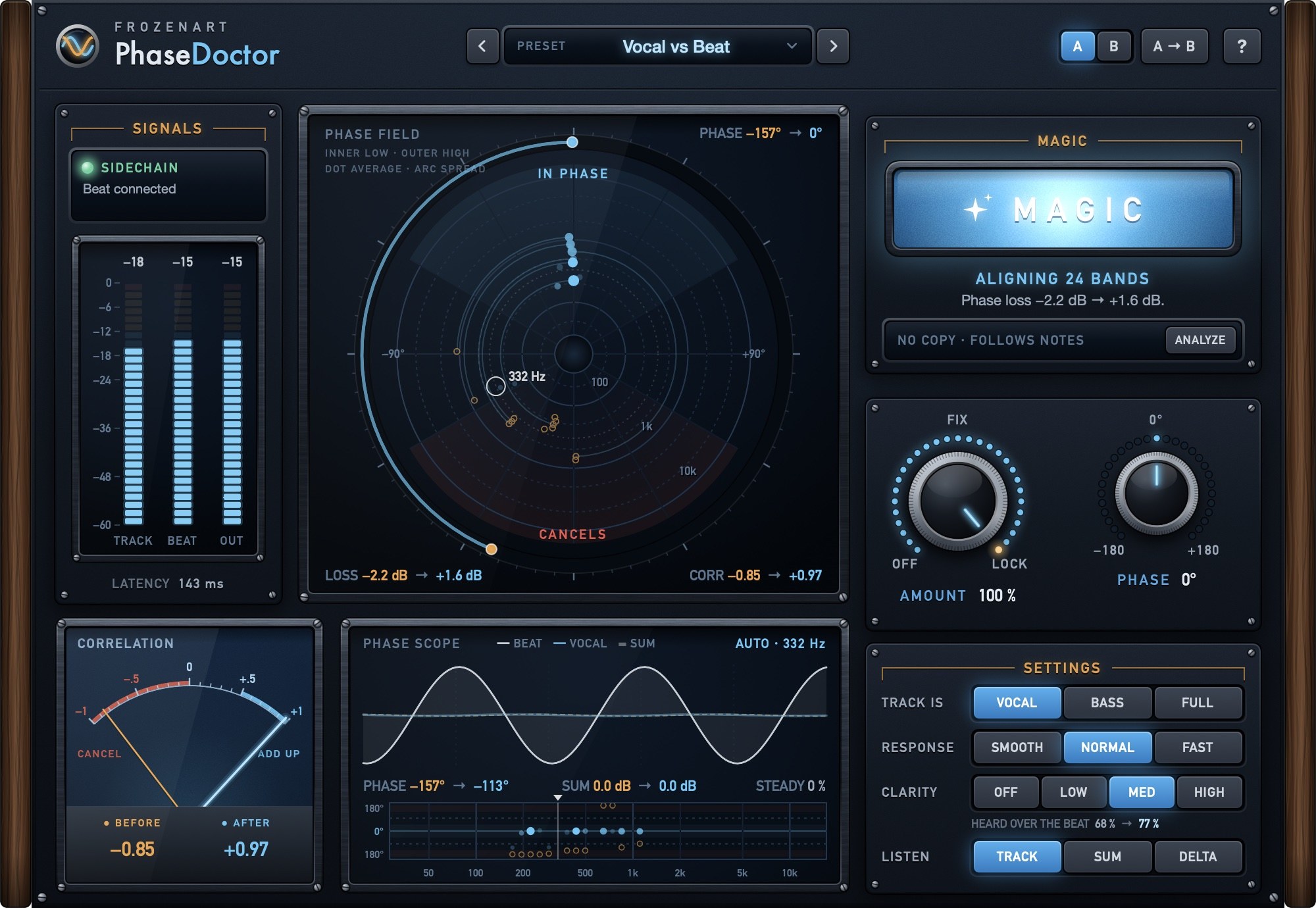 PhaseDoctor aligning a vocal with the beat: MAGIC on, the bands gathered at the top of the phase field, in phase